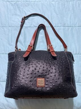 Dooney & Bourke Black Ostrich-Embossed Satchel with Brown Handles